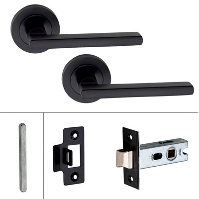 5 Set Leon Design Door Handle On Round Rose Latch Door Handles with 2.5" Tubular Latch Matt Black Finish - GG
