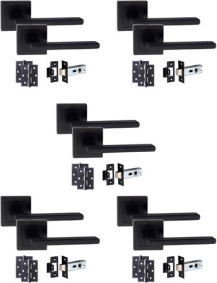 5 Set Matt Black Leon Design Straight Door Handle On Sqaure Rose Latch Door Handles Set with Ball Bearing Hinges and Latch