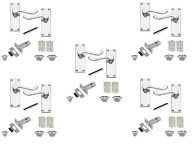 5 Set of Victorian Scroll Latch Door Handles Polished Chrome with Pair of 3" Ball Bearing Hinges & Latches Pack Sets 120 x 40mm