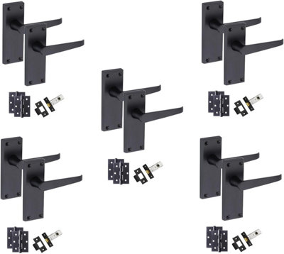 5 Set of Victorian Straight Handle Latch Door Handles Matt Black Pair of 3" Ball Bearing Hinges & Latches Pack  120 x 40mm - GG