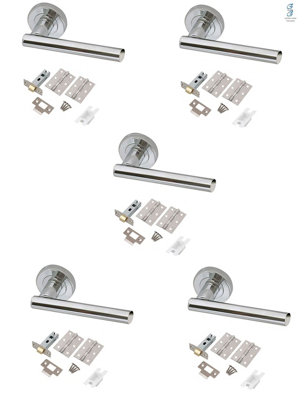 5 Set's Door Handle Pack Internal C/w Latch Hinges T-Bar Lever on Rose Furniture Polished Chrome Finish