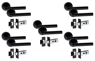 5 Set Straight T-Bar Design Door Handle On Round Rose Latch Door Handles with 2.5" Tubular Latch Matt Black Finish - GG