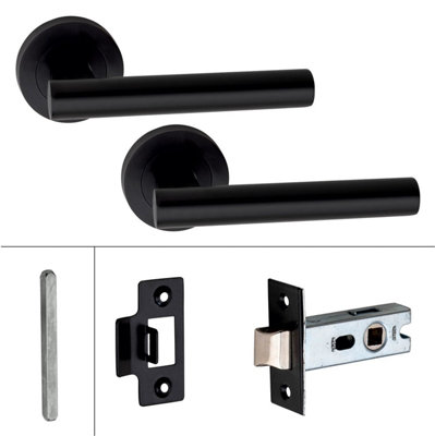 5 Set Straight T-Bar Design Door Handle On Round Rose Latch Internal Door Handles with 2.5" Tubular Latch Matt Black Finish - GG