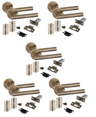 5 Set Straight T-Bar Door Handles Set Ball Bearing Hinges and Latches Antique Brass Finish