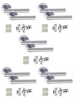 5 Set Straight T-Bar Door Handles Set Ball Bearing Hinges and Latches Polished Chrome Finish