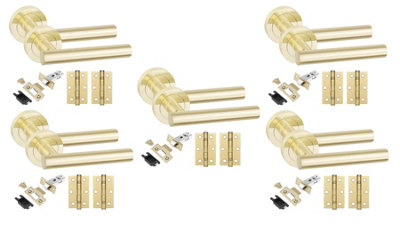 5 Set Straight T-Bar Door Handles Set Ball Bearing Hinges and Latches Satin Brass Finish