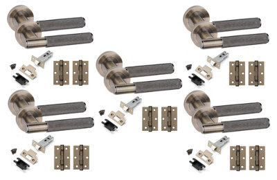 5 Set Straight T-Bar Knurled Door Handles Set Ball Bearing Hinges and Latches Antique Brass Finish