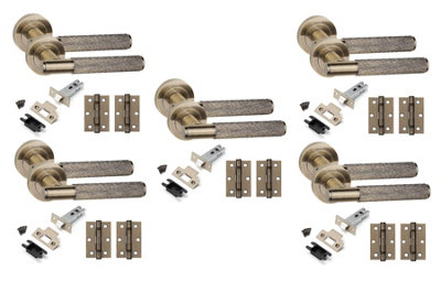 5 Set Straight T-Bar Linear Door Handles Set Ball Bearing Hinges and Latches Antique Brass Finish