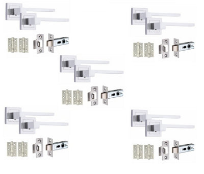 5 Set Zeta Design Door HandlesInternal Sets With Latch and BB HInges Square Rose Polished Chrome Finish