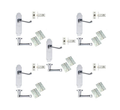 5 Sets Epsom Design Shaped Victorian Shaped Backplate Scroll Style Scroll Door Handles with Hinges and Latches - Polished Chrome