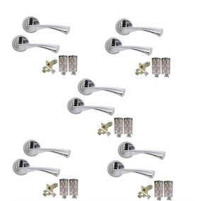 5 Sets of Astrid Style Modern Chrome Door Handles on Rose with Polished Chrome Finish Door Lever Latch Pack -