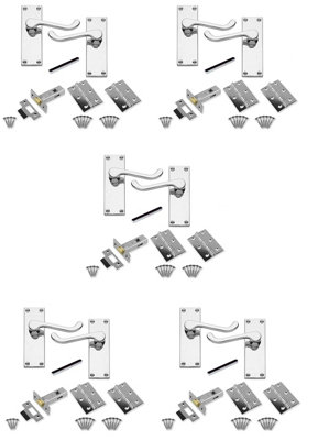 5 Sets of Victorian Scroll Latch Door Handles Polished Chrome Hinges & Latches Pack Sets 120MM X 40MM
