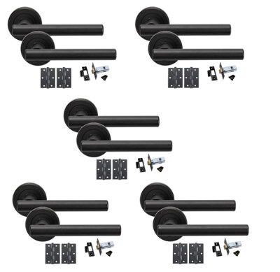 5 Sets Straight T-Bar Design Matt Black Finish Door Handles On Rose with Black Ball Bearing Hinges and Black 64mm Tubular Latch