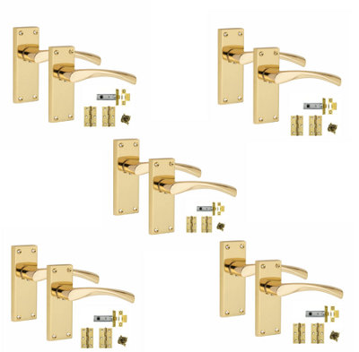 5 Sets Victorian Scroll Astrid handle Polished Brass Finish 120mm x 42mm With 2.5" Latch and 1 Pair of Hinges - Golden Grace
