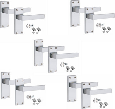5 Sets Victorian Straight Delta Handle Latch Door Handles, Polished Chrome, 1 Pair 3" Standard Butt Hinges, 120mm x 40mm Backplate