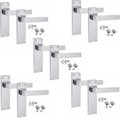 5 Sets Victorian Straight Delta Handle Latch Door Handles, Polished Chrome, 1 Pair 3" Standard Butt Hinges, 150mm x 40mm Backplate