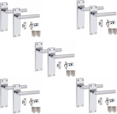 5 Sets Victorian Straight T-Bar Handle Latch Door Handles, Polished Chrome, 1 Pair 3" Standard Butt Hinges, 150mm x 40mm Backplate