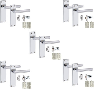 5 Sets Victorian Straight T-Bar Handle Latch Door Handles Silver Polished Chrome 1 Pair 3" Ball Bearing Hinges 150mm x 40mm