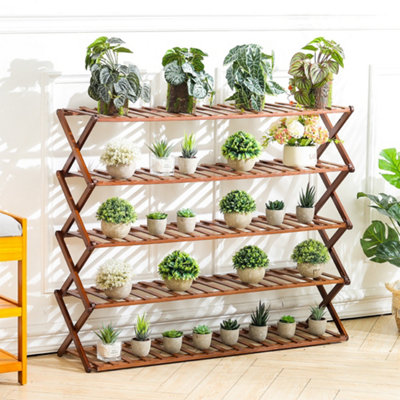 5-Shelf Brown Foldable Bamboo Ladder Flower Pot Stand Rack Holder ...