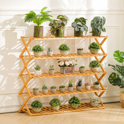 5-Shelf Foldable Bamboo Ladder Flower Pot Stand Rack Holder ...