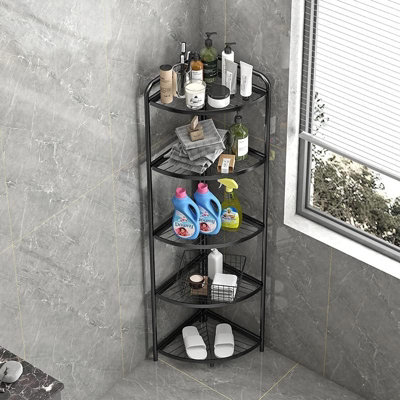 5 Tier Black Metal Kitchen Storage Rack Foldable & Space Saving Corner Shelf, Adjustable Shelves for Kitchen, Pantry & Cabinet