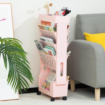 5-Tier Bookshelf Book Rack Small, Plastic Storage Trolley Cart - Pink