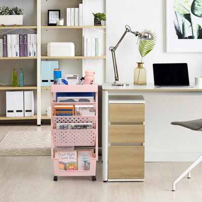 5-Tier Bookshelf Book Rack Small, Plastic Storage Trolley Cart - Pink