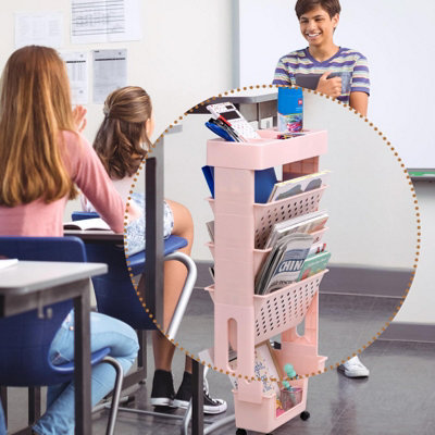 5-Tier Bookshelf Book Rack Small, Plastic Storage Trolley Cart - Pink
