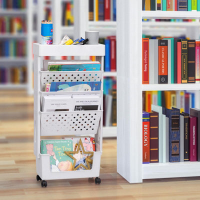 5 Tier Bookshelf Book Rack Small Plastic Storage Trolley Cart White
