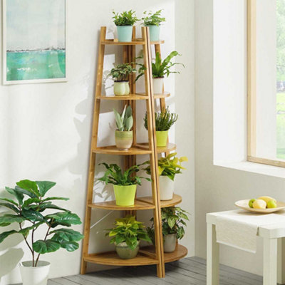 5 Tier Brown Modern Corner Ladder Shelf Plant Display Stand 147 cm