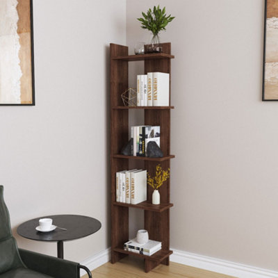 5 Tier Brown Modern Wooden Corner Bookcase Ladder Shelf Plants Stand