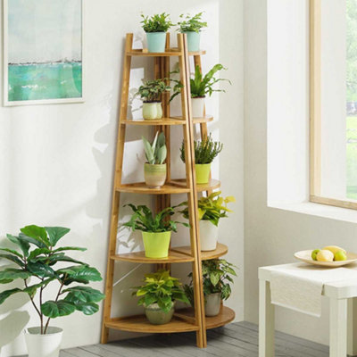 5 Tier Brown Plant Stand Wood for Corner Balcony Living Room 147cm(H)