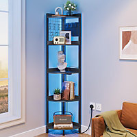 5-Tier Corner Shelf with Power Outlets & Strip Lights - 67" Tall Black