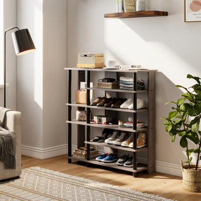 5-Tier Gray Wood Grain Shoe Rack with Wooden Top for Entryway