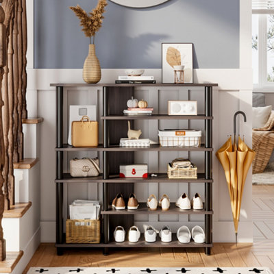 5-Tier Gray Wood Grain Shoe Rack with Wooden Top for Entryway