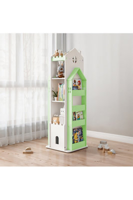 5-Tier Green and White Wooden Castle Kids Rotating Bookcase Bookshelf