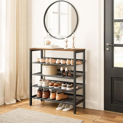 5 Tier Industrial Shoe Rack Shoe Storage Organizer with Wooden Top 73 x 29.5 x 85.5cm DIY at B Q
