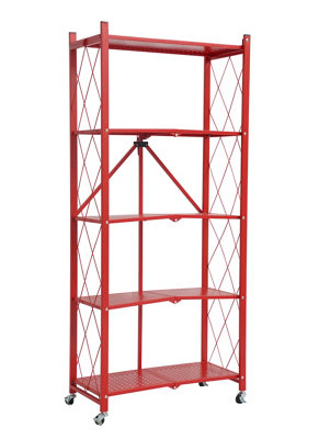 5 Tier Metal Folding shelf with Wheels. Bedroom, Office, Garage Storage Rack - Red