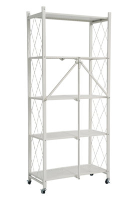 (White) 5 Tier Metal Folding Storage Shelf With Wheels