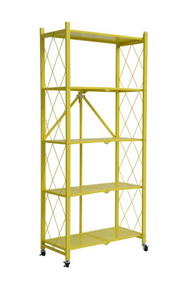 5 Tier Metal Folding shelf with Wheels. Bedroom, Office, Garage Storage Rack - Yellow