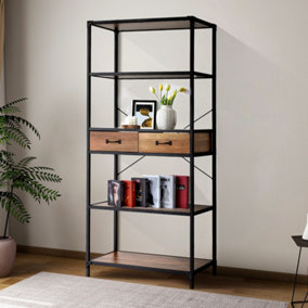 5-Tier Metal Framed Wooden Book Shelf with Drawers