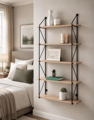5 Tier Modern Black floating decorative hanging shelves with MDF Oak wood and metal wire frame
