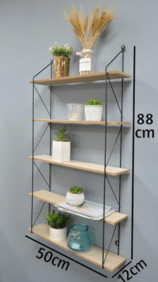 5 Tier Modern Black floating decorative hanging shelves with MDF Oak wood and metal wire frame