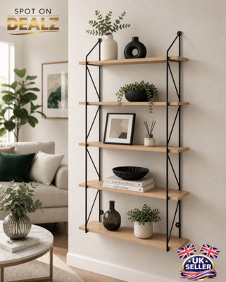 5 Tier Modern Black floating decorative hanging shelves with MDF Oak wood and metal wire frame
