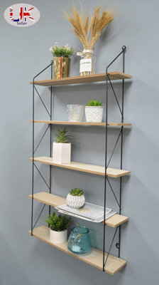 5 Tier Modern Black floating decorative hanging shelves with MDF Oak wood and metal wire frame