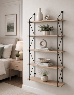 5 Tier Modern Black floating decorative hanging shelves with MDF Oak wood and metal wire frame
