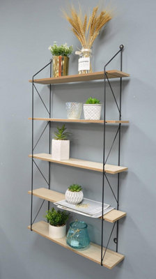 5 Tier Modern Black floating decorative hanging shelves with MDF Oak wood and metal wire frame