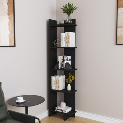 5 Tier Modern Black Wooden Corner Bookcase Ladder Shelf Plants Stand