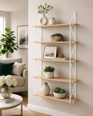 5 Tier Modern white floating decorative hanging shelves with MDF Oak wood and metal wire frame
