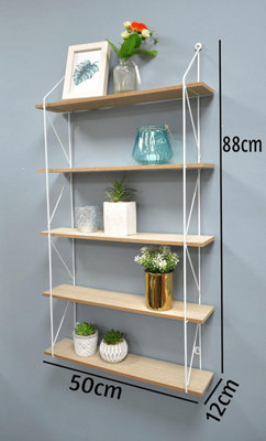5 Tier Modern white floating decorative hanging shelves with MDF Oak wood and metal wire frame